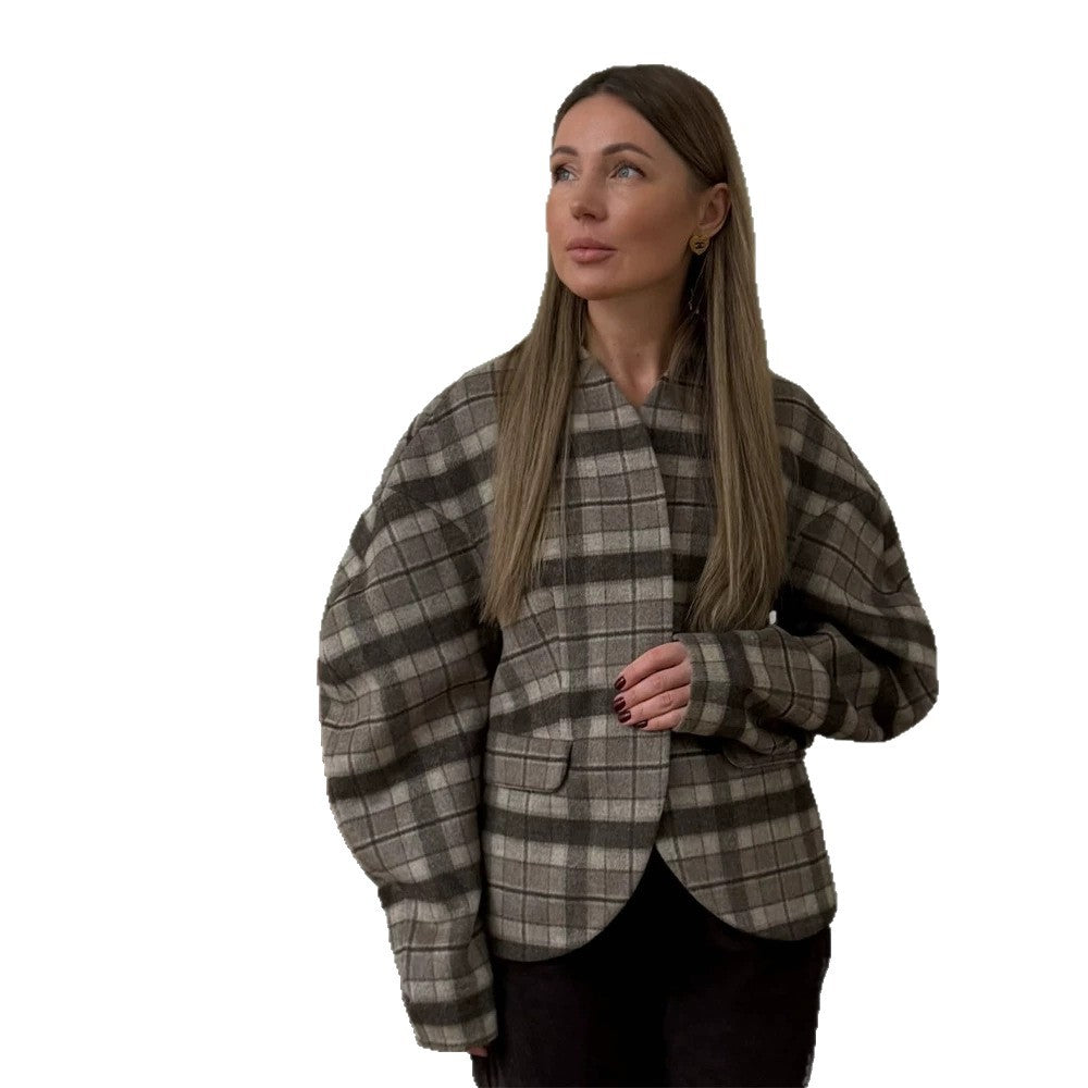 Women's Checked Boxy Blazer with Voluminous Balloon Sleeves Amarae