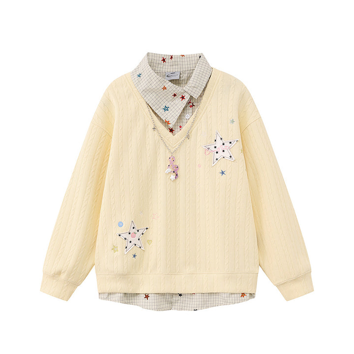 Women's Layered-Look Knit Sweater with Attached Shirt Placket, Star Appliqués and Chain Charm Amarae