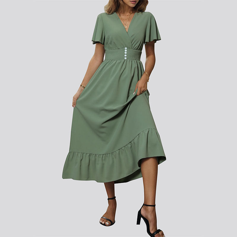 Fluid maxi dress for women with flutter sleeves and a button detail Lune London