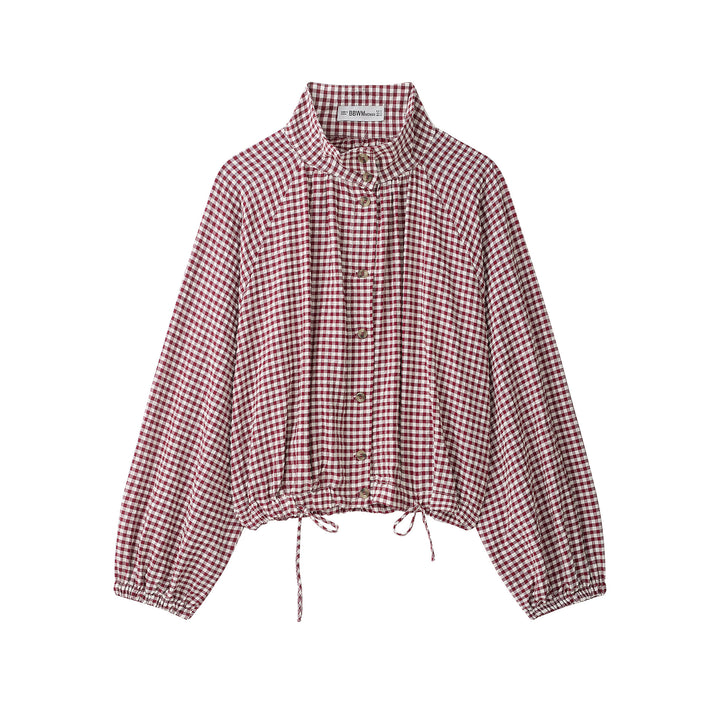 Women’s check blouse with stand-up collar, button closure and drawstring hem Amarae