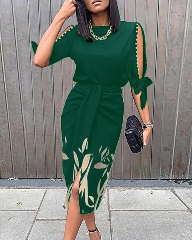 Mid-length dress for women with floral details and an elegant slit Lune London