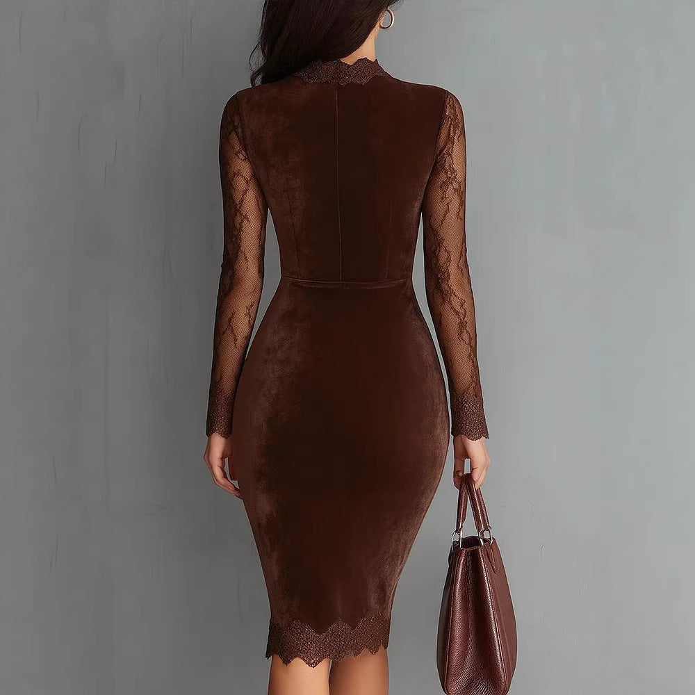 Ladies Elegant Velvet Dress with Lace Inserts and Tailored Cut Lune London