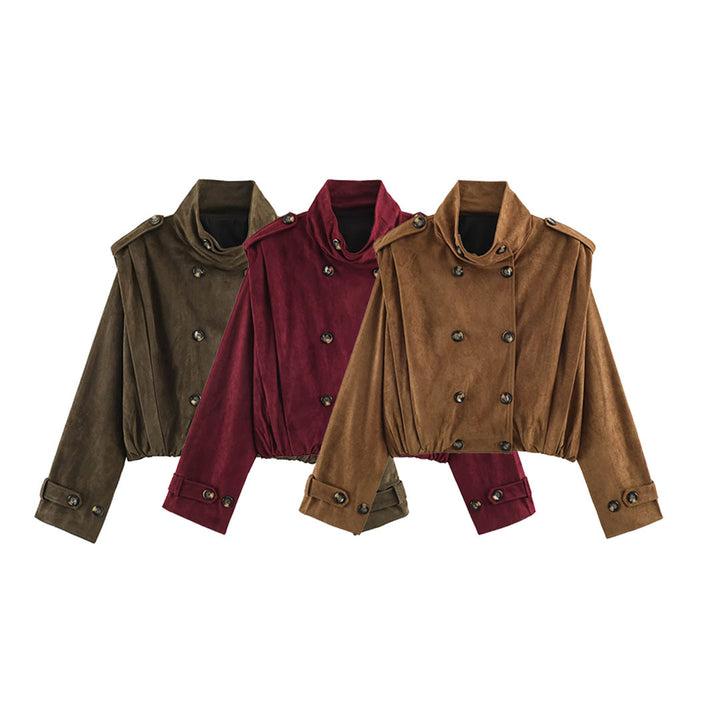 Women's Short-Cut Double-Breasted Suede-Look Bomber with Stand-Up Collar and Shoulder Patches Amarae
