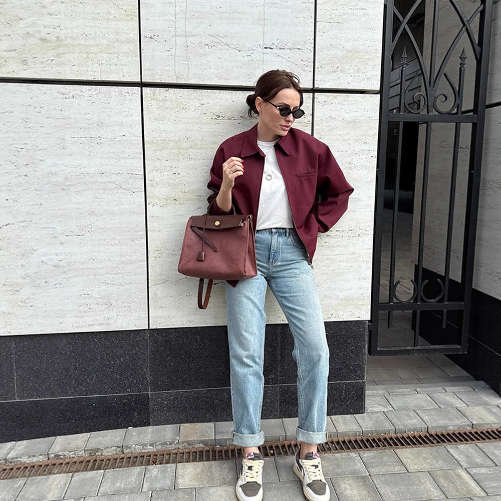 Women's lightweight twill transition jacket with shirt collar, concealed zipper, and boxy silhouette Amarae