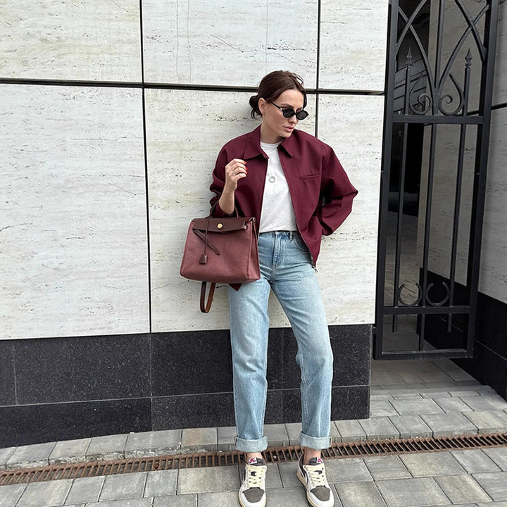 Women's lightweight twill transition jacket with shirt collar, concealed zipper, and boxy silhouette Amarae