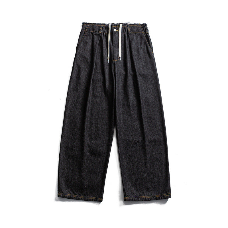 Unisex Wide Denim Pants with Elastic Waistband, Drawstring and Pleated Amarae