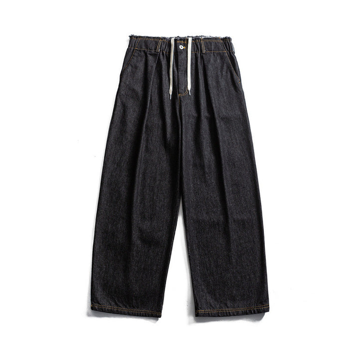 Unisex Wide Denim Pants with Elastic Waistband, Drawstring and Pleated Amarae