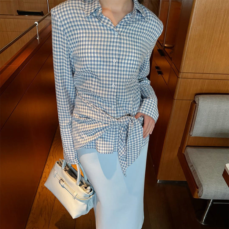 Women Gingham Wrap Blouse with Side Waist Tie and Shirt Collar Amarae