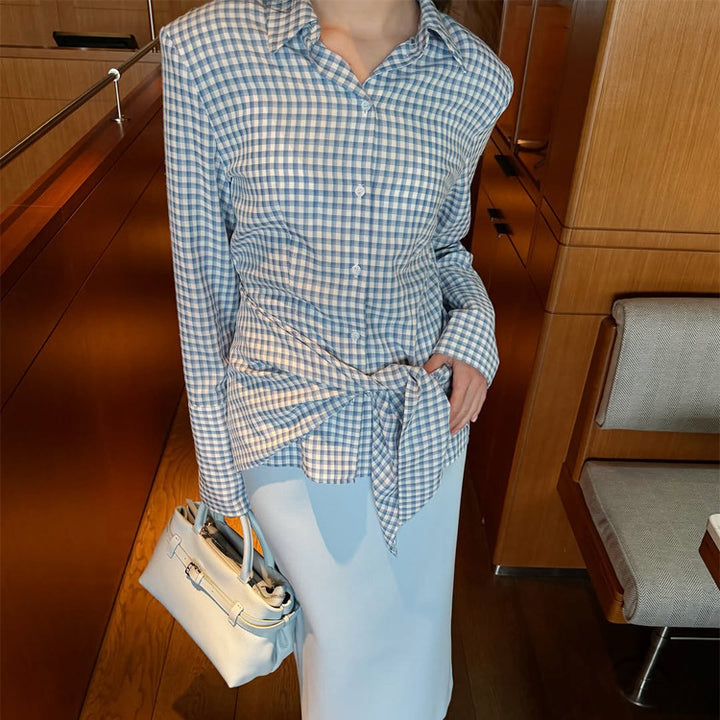 Women Gingham Wrap Blouse with Side Waist Tie and Shirt Collar Amarae