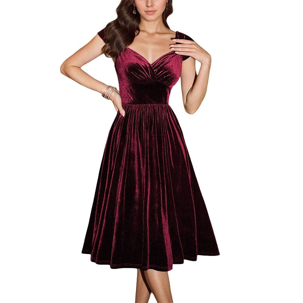 Robe midi femme en velours luxueux avec décolleté en V profond et coupe élégante Chic & Stil