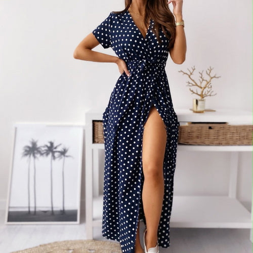 Maxi Polka Dot Dress for Women with High Slit and Chic Belt and Style