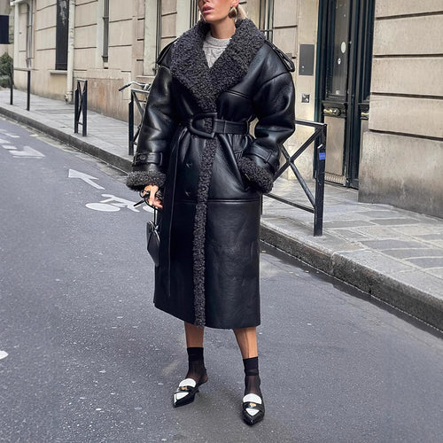 Oversized faux leather coat for women with textured inner lining Amarae