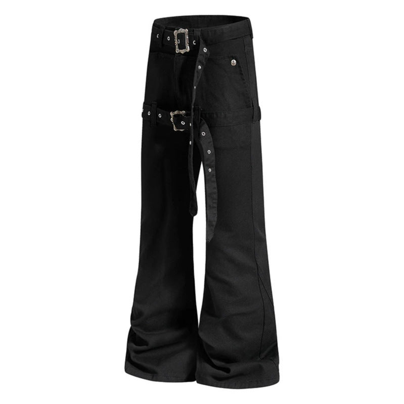 Women's High-Waist Flared Cargo Pants with Wide Leg, Double Belt and Metal Eyelets Amarae