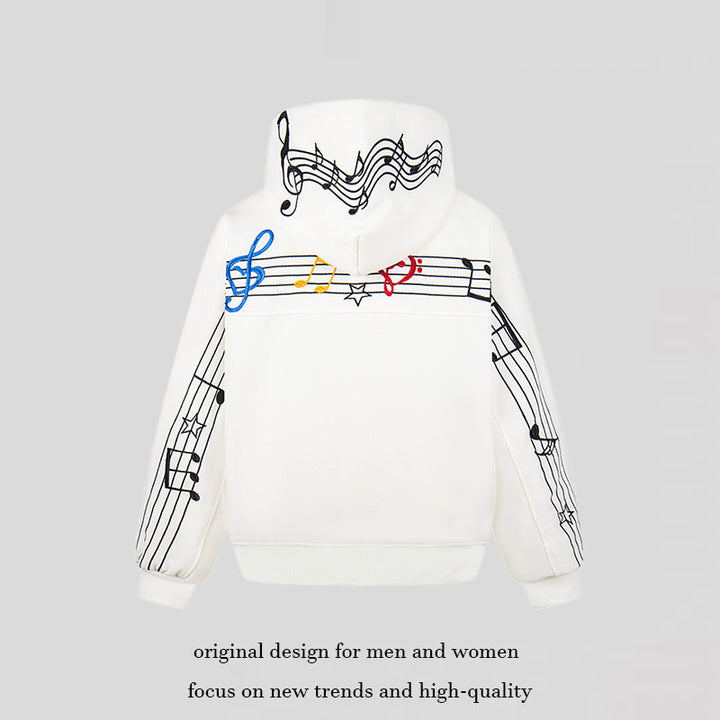 Women's Oversized Hoodie with Musical Notes Embroidery and Ribbed Hem Amarae