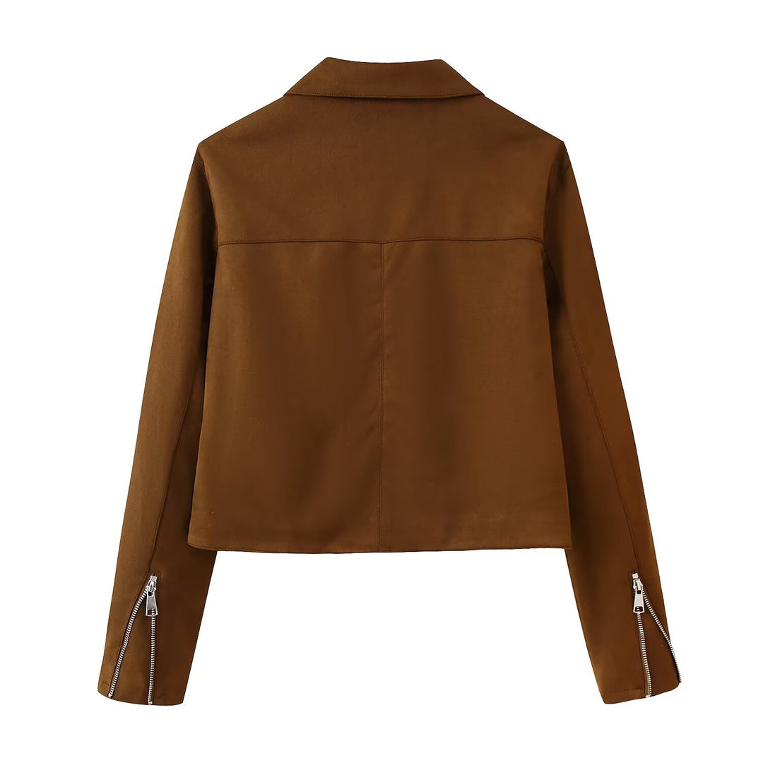 Women Trendy Faux Leather Jacket with Modern Zippers and Classic Collar Lune London