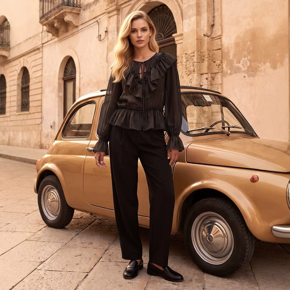 Women Ruffled transparent chiffon blouse with flounce peplum, long balloon sleeves and drawstring closure Amarae
