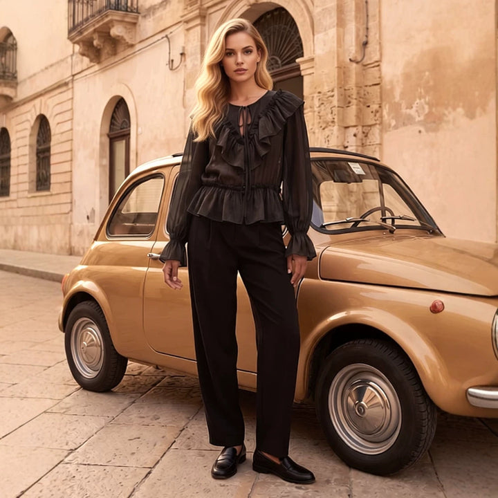 Women Ruffled transparent chiffon blouse with flounce peplum, long balloon sleeves and drawstring closure Amarae