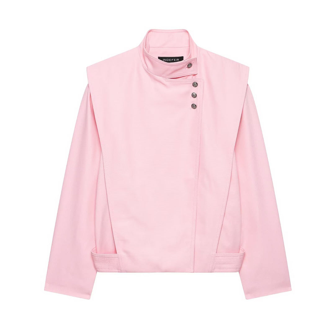 Women's Short Asymmetric Jacket with High Stand-Up Collar and Cape Shoulder Amarae