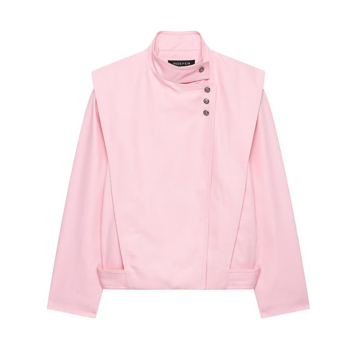 Women's Short Asymmetric Jacket with High Stand-Up Collar and Cape Shoulder Amarae