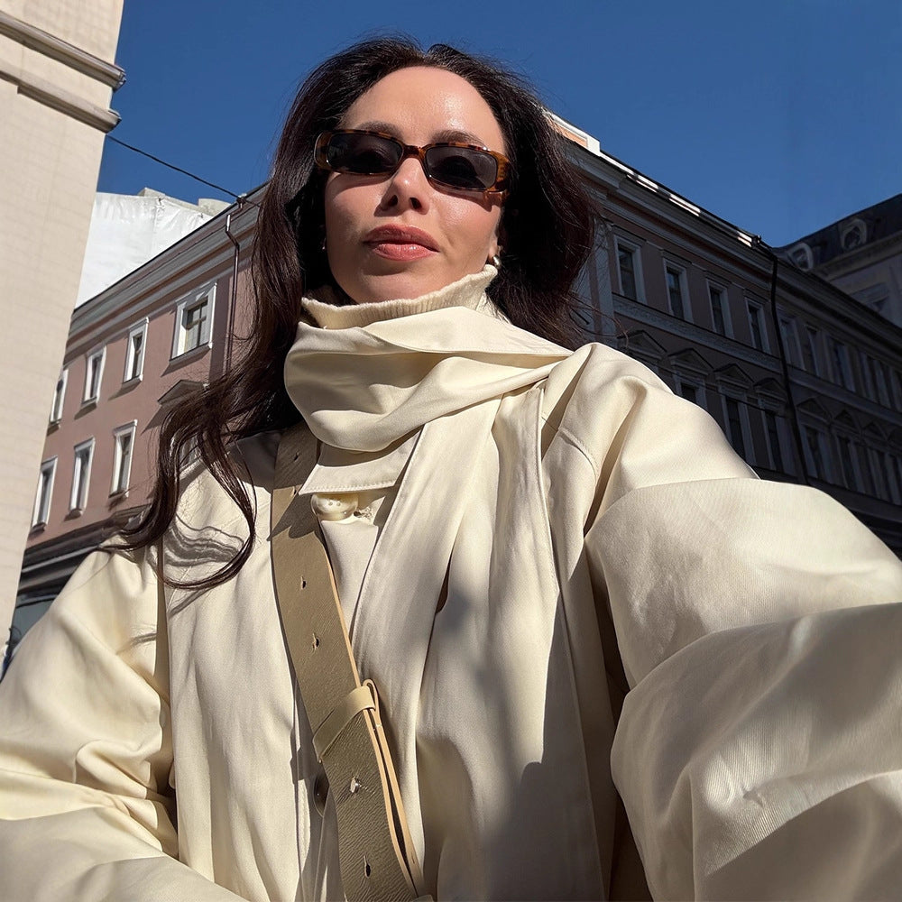 Ladies Short Oversize Trench Coat with High Stand-Up Collar, Concealed Button Placket & Wide Cuffs Amarae
