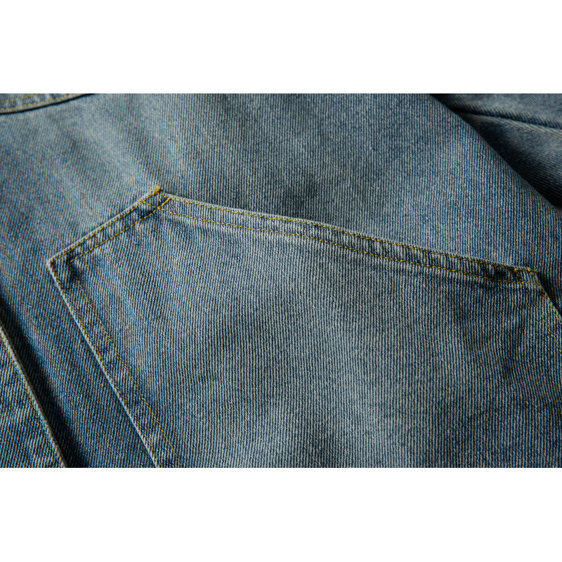 Unisex Boxy Denim Jacket with Leather Collar, Snap Button Placket and Flap Pockets Amarae