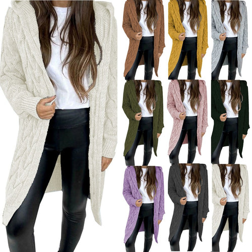 Ladies chunky knit coat with hood and braided design Amarae