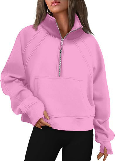 Ladies mid-zip plush pullover with hood and kangaroo pocket Lune London