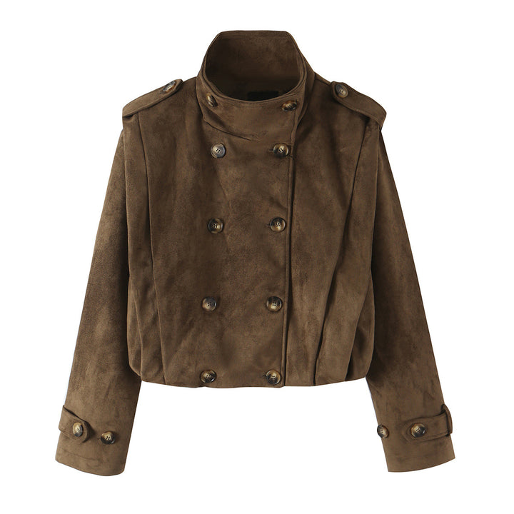Women Short Double-Breasted Suede Jacket with Stand-Up Collar and Epaulettes Amarae