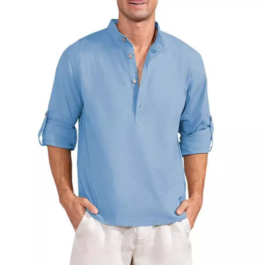 Linen shirt for men with a high collar and practical button details Lune London