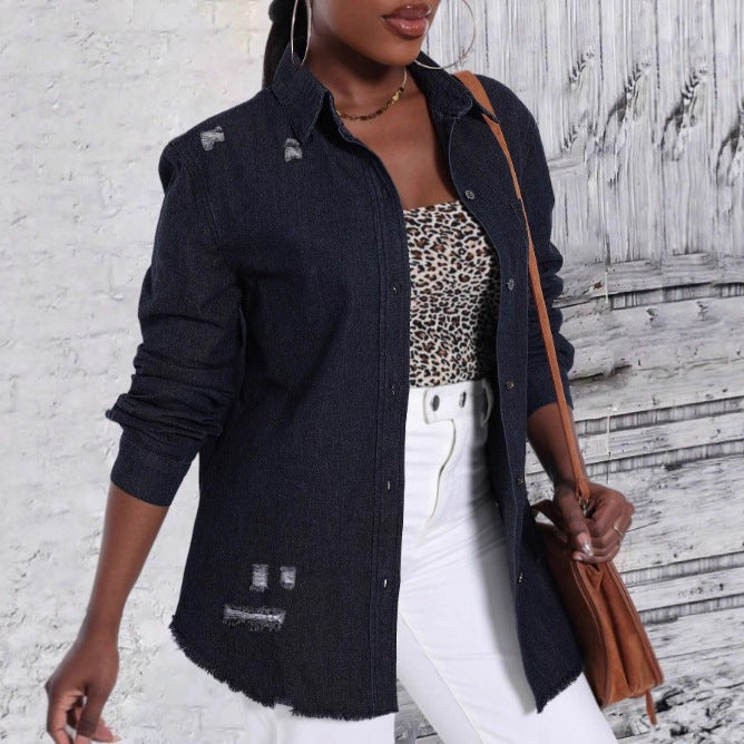 Women Oversize Denim Shirt Jacket with Used Effects and Raw Hem Amarae
