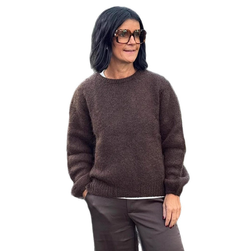 Women Fluffy Round Neck Sweater with Balloon Sleeves and Boxy Silhouette Amarae