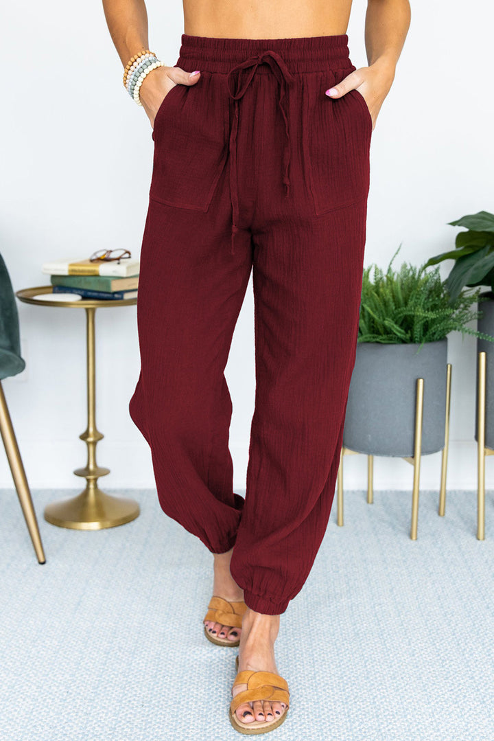 Women's Lightweight Linen Jogger Pants with Drawstring, Patch Pockets, and Elastic Cuffs Amarae