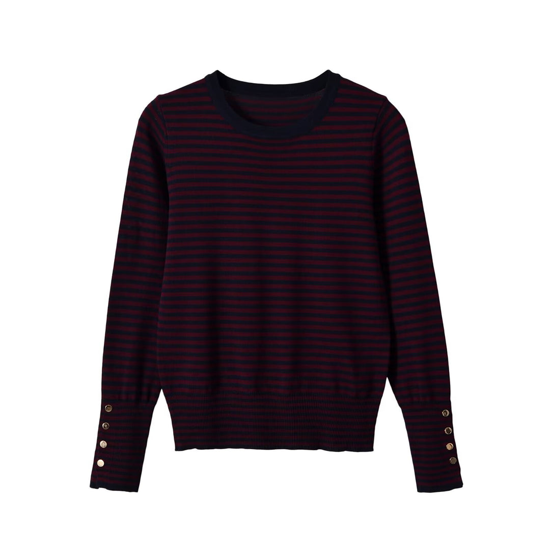 Women's fine knit pullover with stripe pattern, round neckline and decorative button detail Amarae