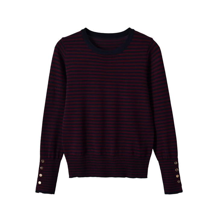 Women's fine knit pullover with stripe pattern, round neckline and decorative button detail Amarae
