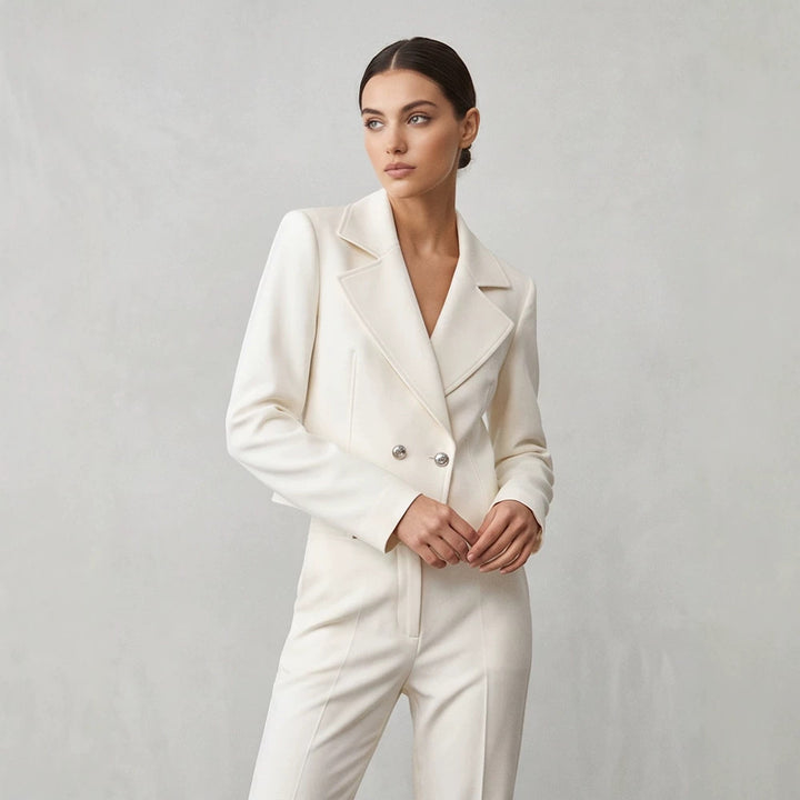 Women's Short Tailored Double-Breasted Shawl Collar Blazer with Emphasized Shoulder Area Amarae