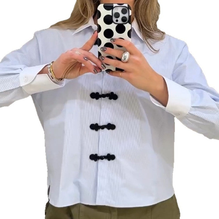 Women’s short cut poplin shirt blouse with stand-up collar and decorative cord knot closures Amarae