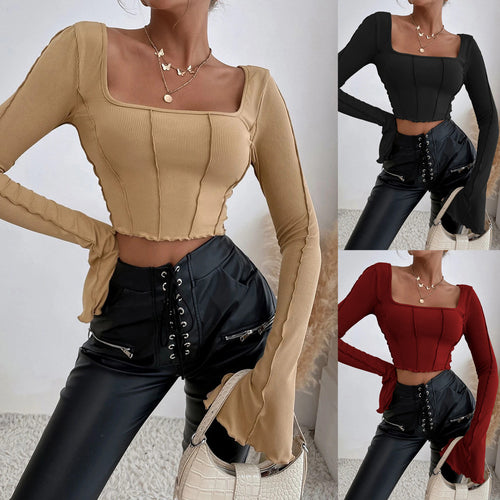 Chic & Stil Women's Short Top Couture with Square Neckline and Long Sleeves
