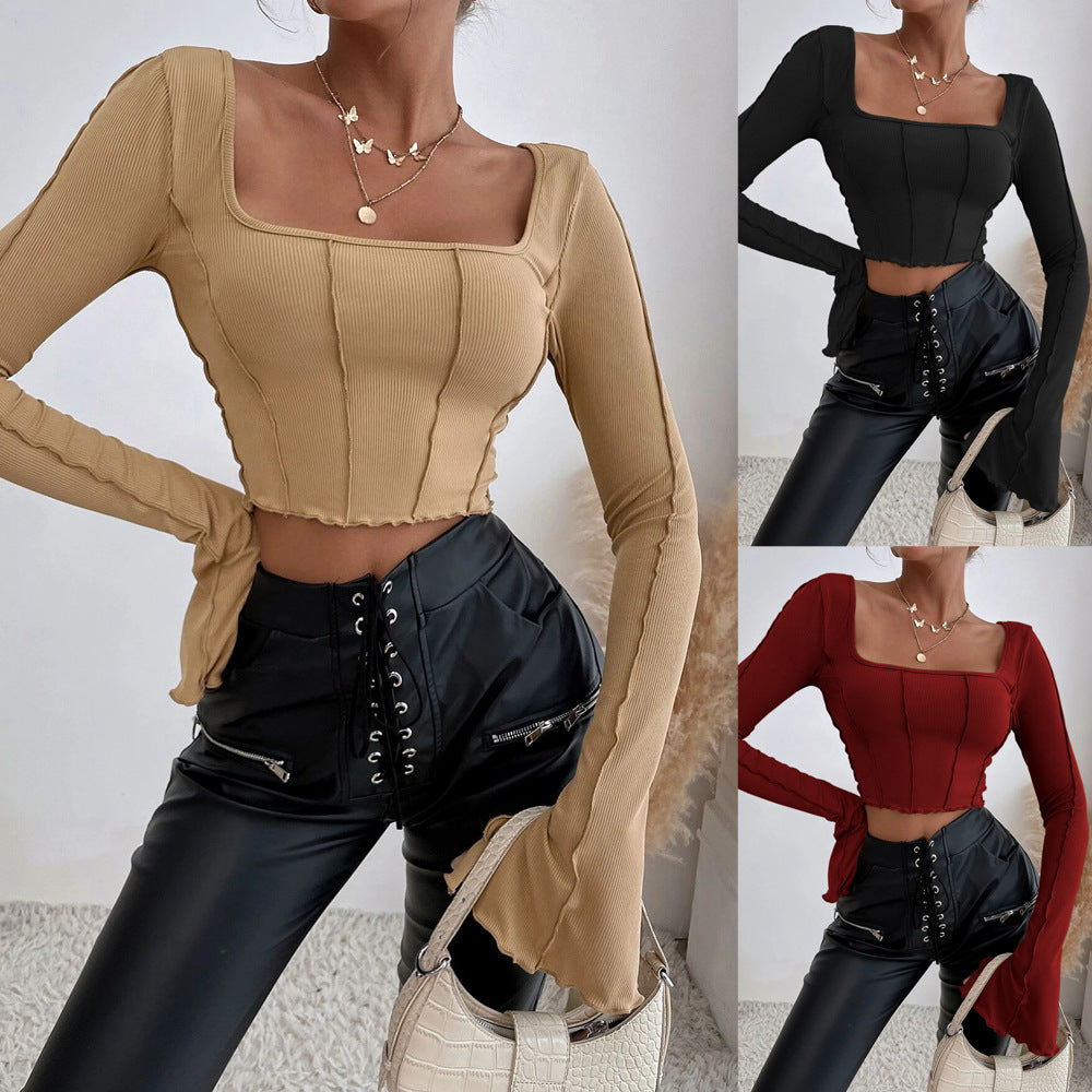 Top court de couture pour femmes avec encolure carrée et manches longues Chic & Stil