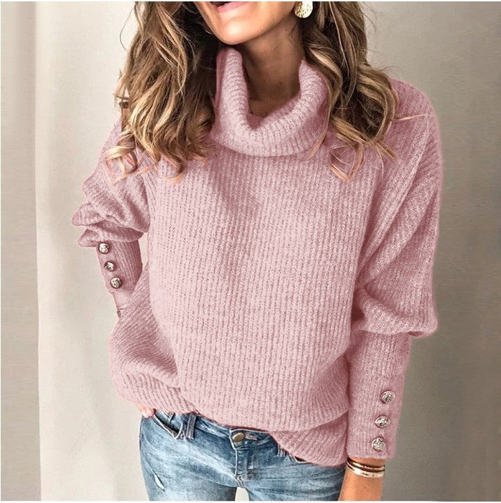 Chunky knit sweater for women with high collar and decorative button details Lune London