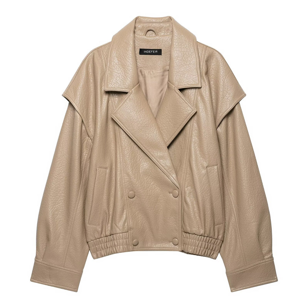 Women's Short Cut Faux Leather Jacket in Oversized Trench Style Amarae