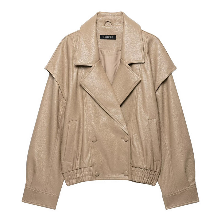 Women's Short Cut Faux Leather Jacket in Oversized Trench Style Amarae