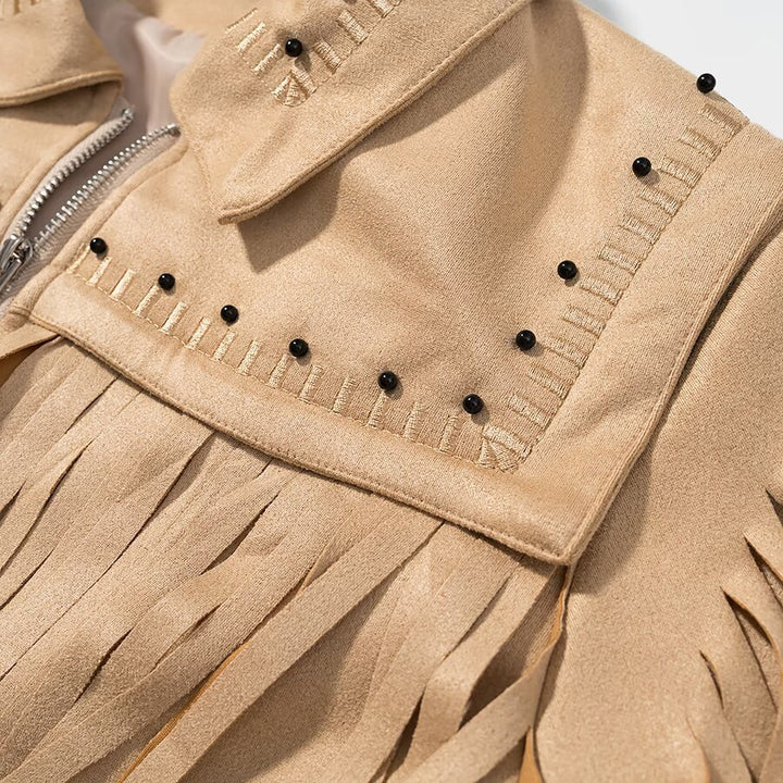 Fringed jacket for women with decorative studs and zipper Lune London