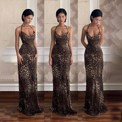 Ladies Elegant Maxi Dress Leopard Print Backless Chic and Style