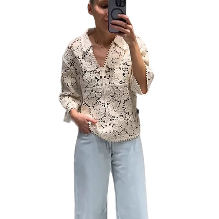 Women's Crocheted Blouse with Floral Openwork Pattern and Three-Quarter Sleeves Amarae