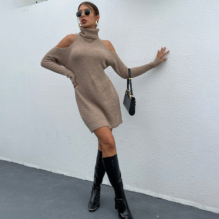 Knitted dress for women with turtleneck and off-shoulder Lune London