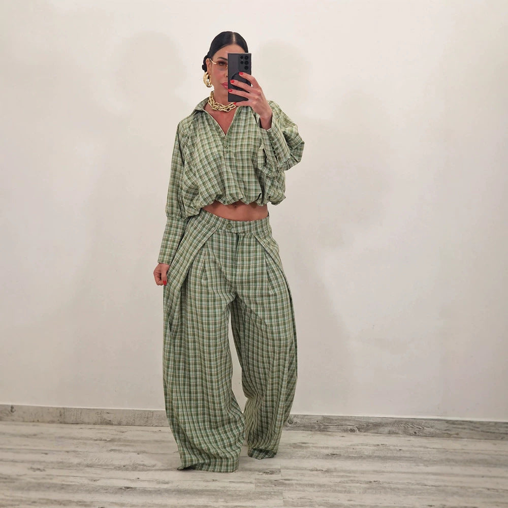 Women's Two-Piece Checked Set with Cropped Oversized Shirt and Wide Pleated Trousers Amarae