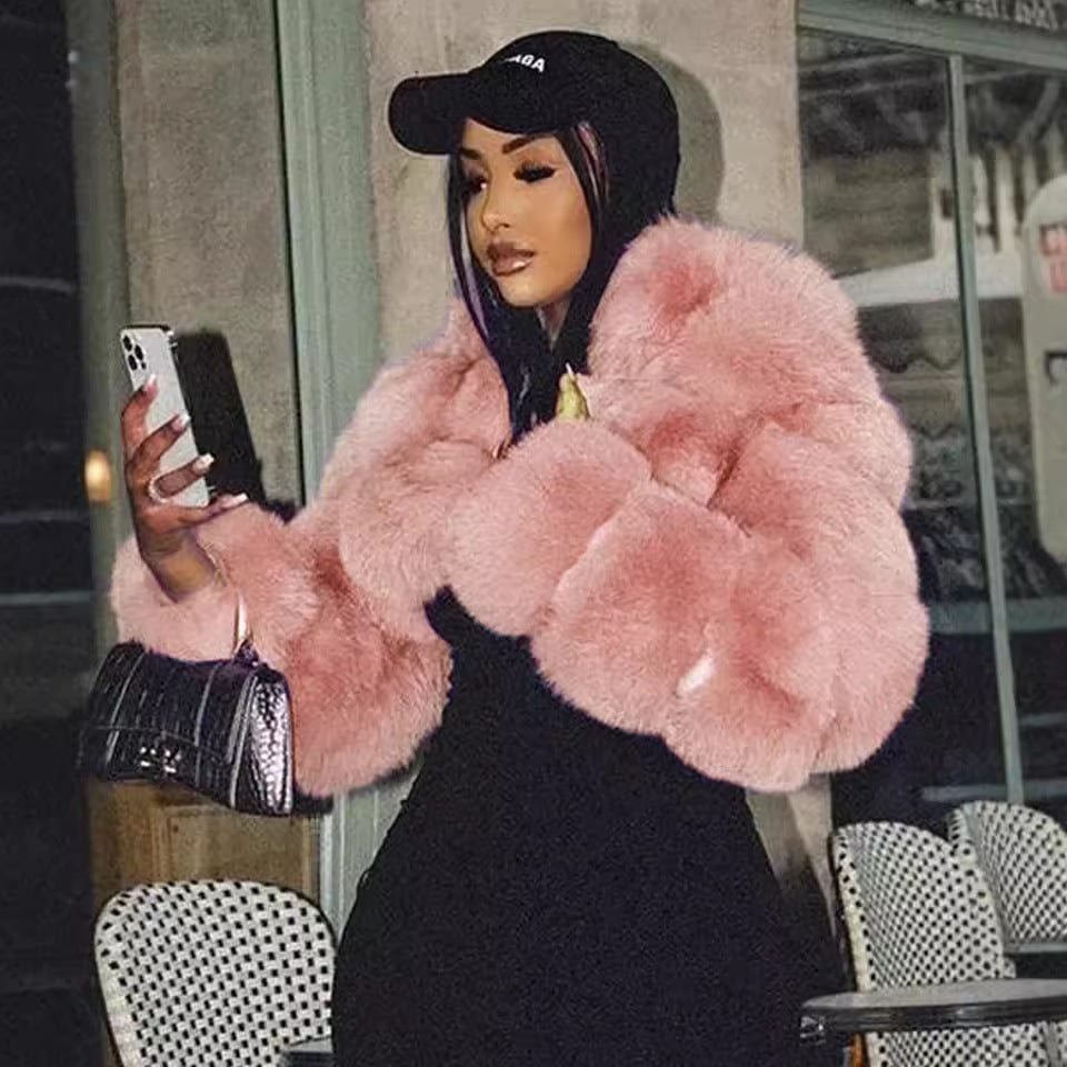 Luxury faux fur jacket for women with voluminous puff sleeves Lune London