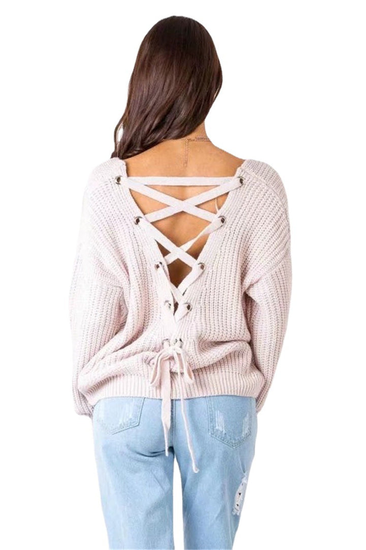Knit sweater for women with embellished V-neck and drawstring Lune London