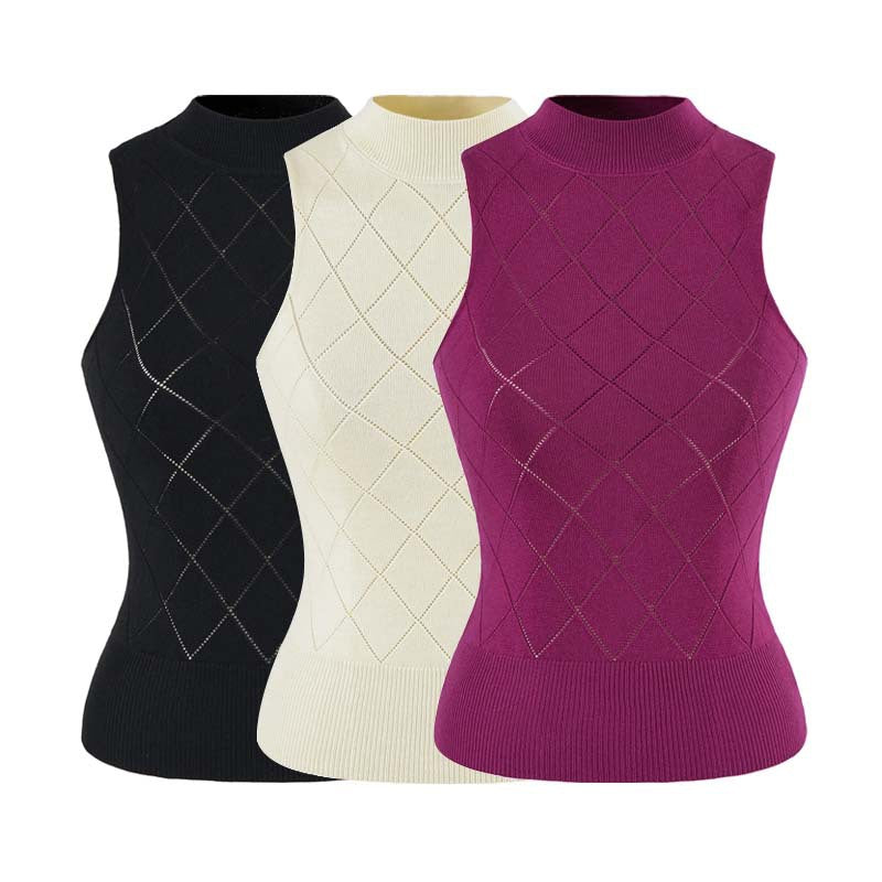 Women's Sleeveless Fine Knit Vest with Stand-Up Collar and Tailored Diamond Pattern Amarae