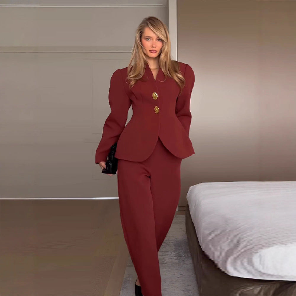 Women Tailored Couture Blazer Set with Sculptural Shoulder and Cropped Marlene Pants Amarae